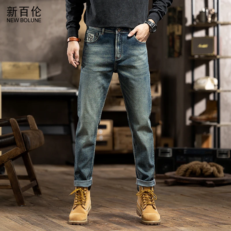 新百伦夏季新款蓝色牛仔裤男2025新款百搭修身小脚小直筒长裤潮流