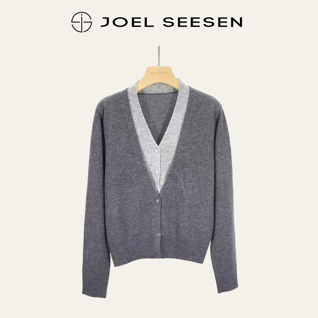 2024新款V领气质假两件撞色1OO绵羊毛针织开衫40073