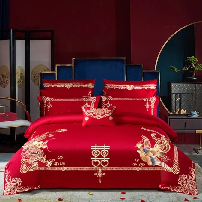 重工刺绣婚庆款四件套结婚绣花大红床上用品婚房高档大红色