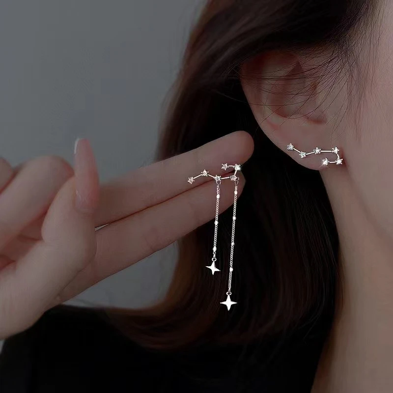 足银耳饰 足银990北斗七星镶钻耳钉日韩版简约闪钻女式星星耳饰
