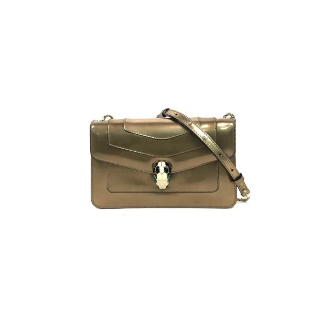 95新 BVLGARI/宝格丽 宝格丽 金色漆皮蛇头翻盖链条包 K25132