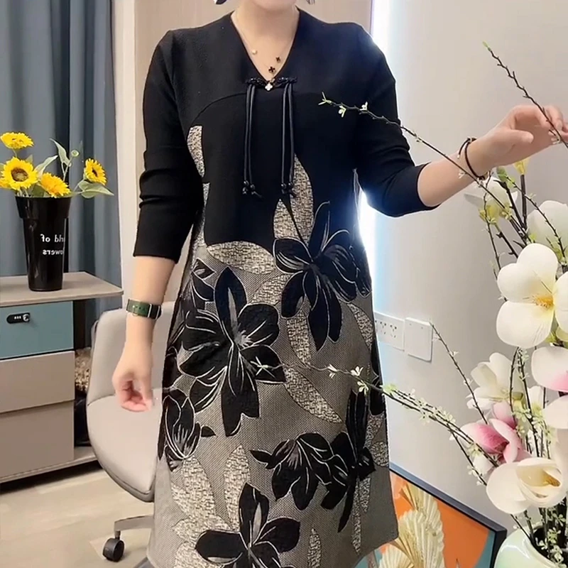 秋冬新款大码气质气质洋气拼接提花国朝风时尚打底中长款连衣裙女