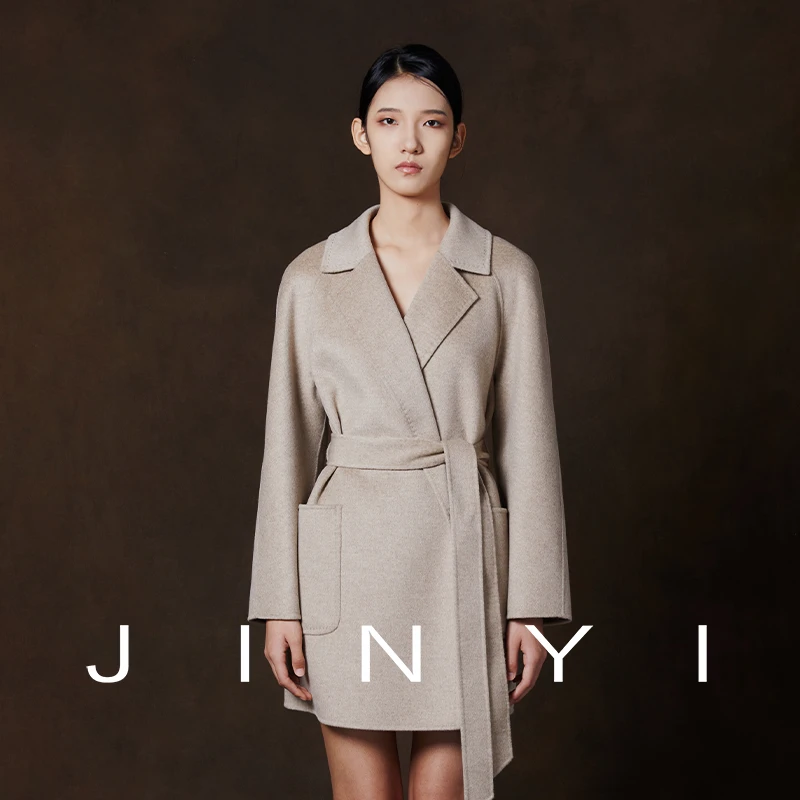JINYI秋冬经典rialto风短款系带翻领贴袋双面山羊绒大衣外套女