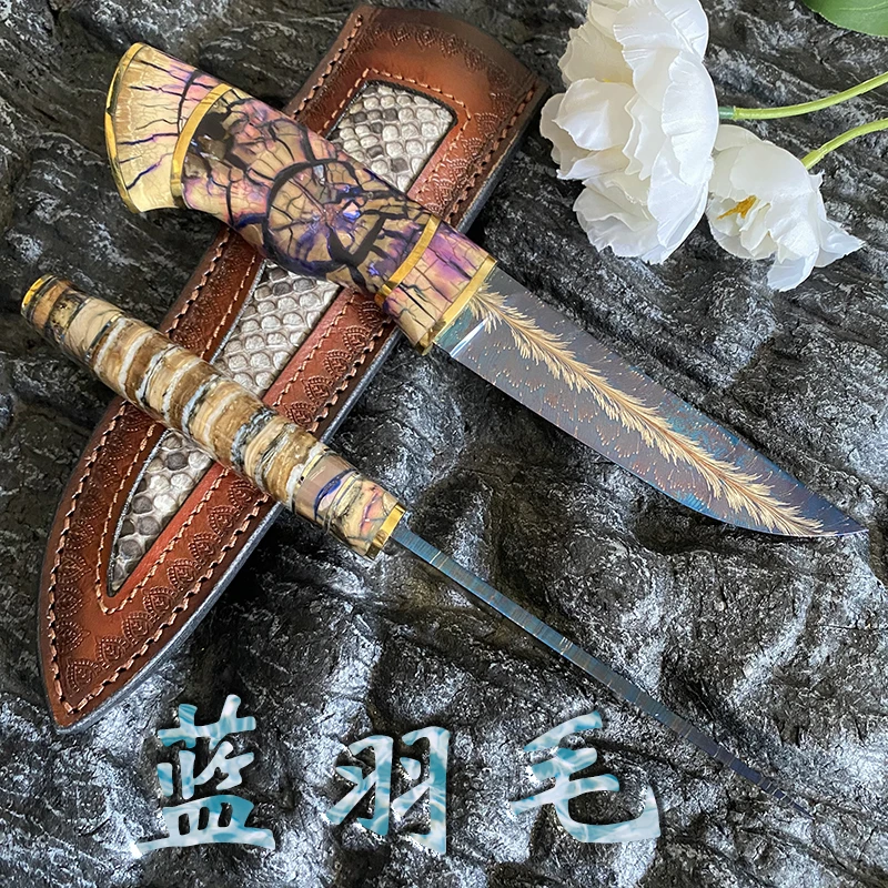 瑞典进口大马士革随身高硬度锋利切割手工直刀全冰牙手柄花纹