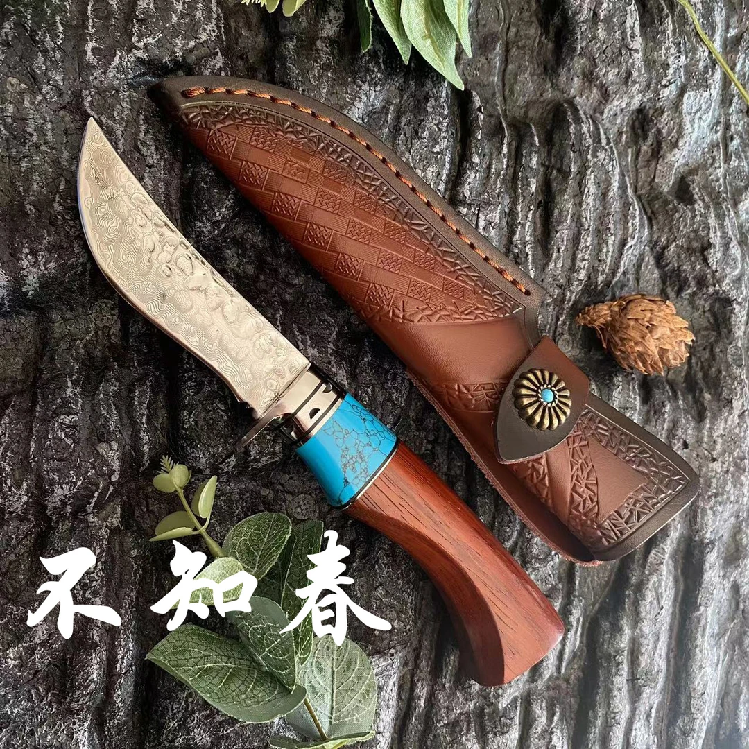 家用水果刀切割手把肉小刀野营户外求生刀手工折叠锻打大马士革钢