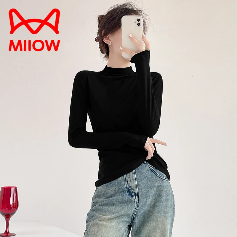 MiiOW/猫人黑色半高领简约打底衫女2024新款内搭螺纹长袖T恤修身