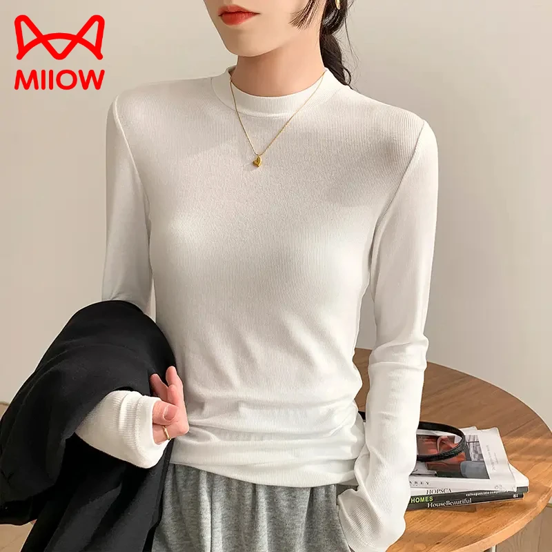 MiiOW/猫人螺纹小高领打底衫女秋冬季新款紧身长袖白色T恤上衣气