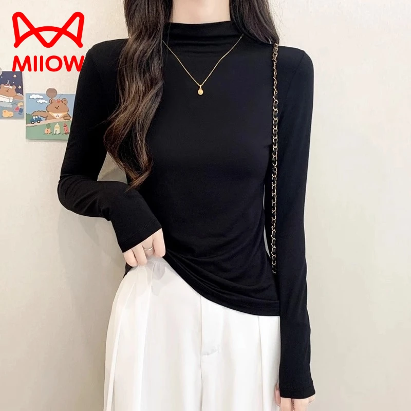 MiiOW/猫人黑色人棉打底衫女长袖t恤半高领内搭2024新款早秋洋气