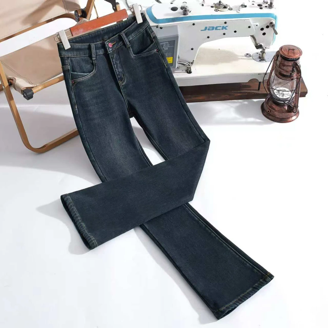 FDN冬季莫黛蓝加绒加厚高腰显瘦时尚修身弹力女士微喇牛仔裤