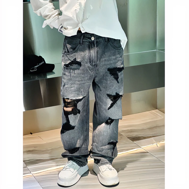 尚锋男装3355夏季新款美式复古破洞牛仔裤男士痞帅阔腿裤休闲长裤