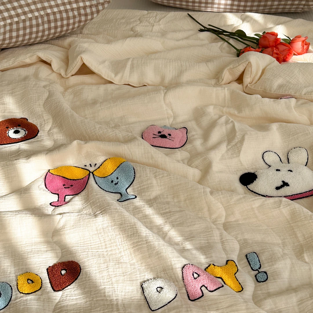 全棉双层纱夏凉被可爱刺绣款夏季薄被子空调被柔软透气夏被单双人