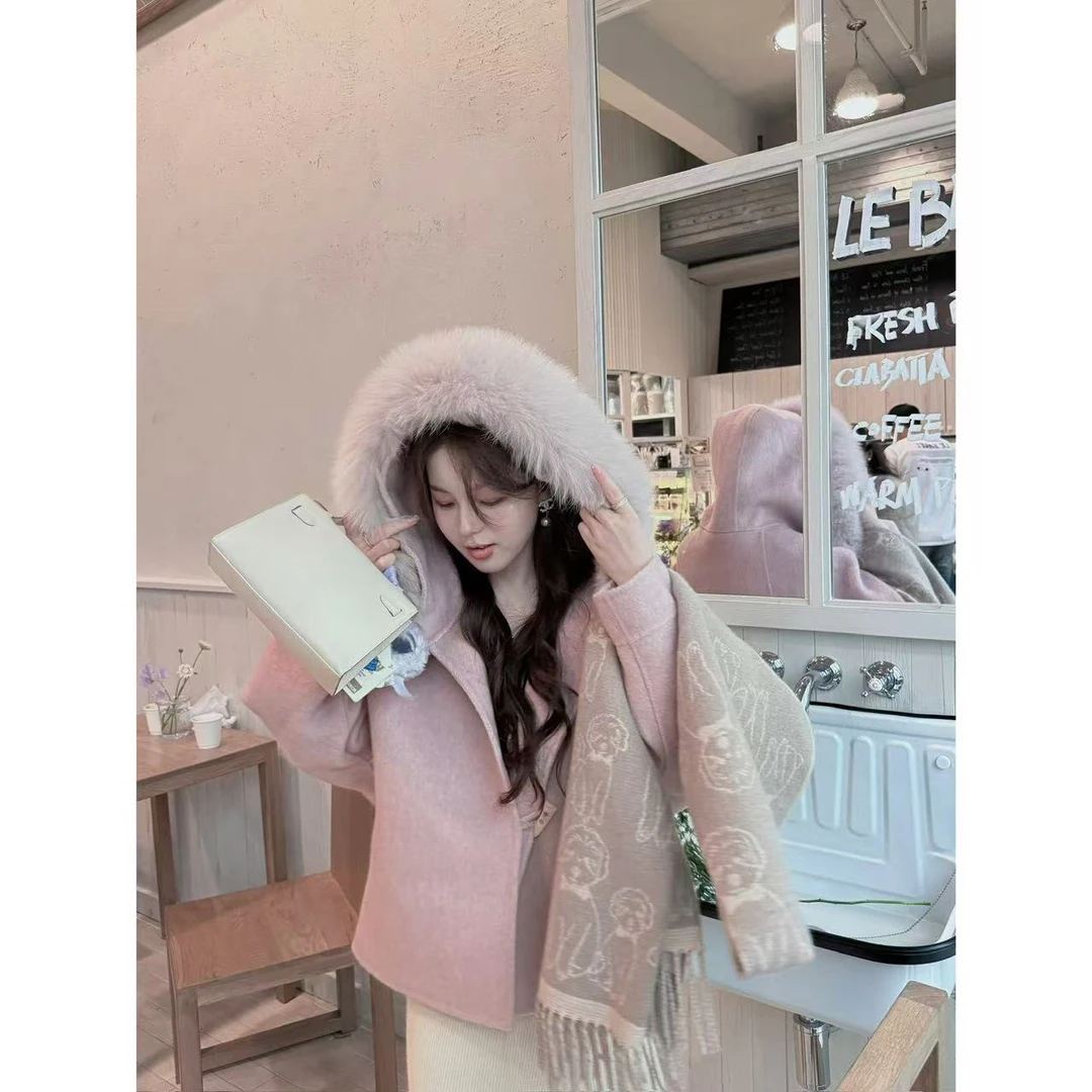 THE YIIX【挚爱凯瑟琳】娇俏弧度自留狐狸毛领短款羊驼双面呢大衣