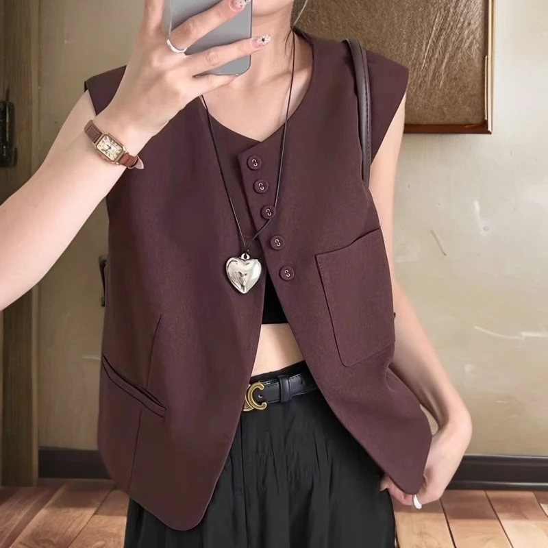 欧货高级感安可拉红短款西装马甲外套女复古无袖西服坎肩叠穿马夹