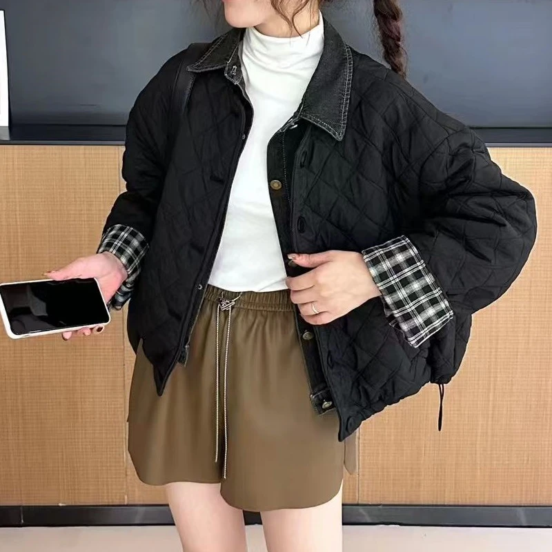 假两件夹棉外套女轻薄棉服2024秋冬新款港风牛仔拼接棉衣叠穿上衣