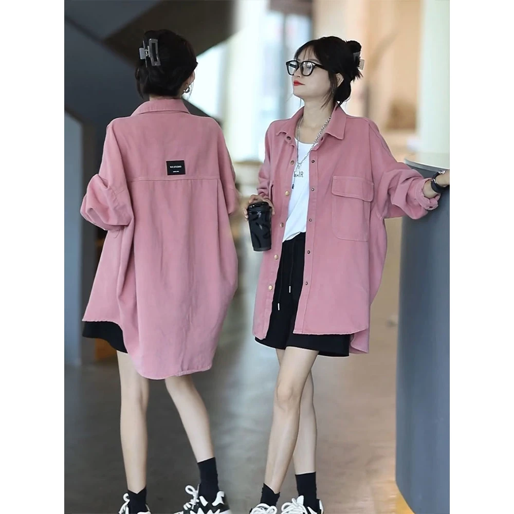 复古港风牛仔衬衫外套女薄款春秋2025新款休闲宽松显瘦中长款上衣