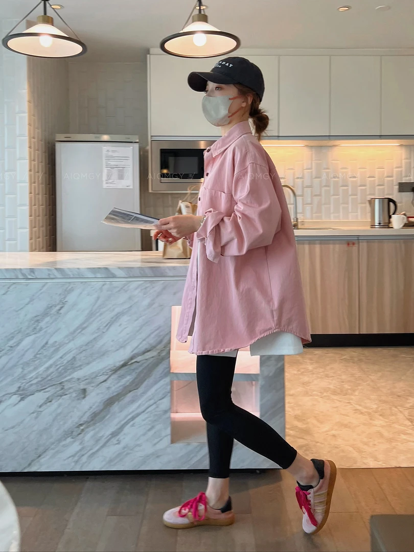 粉色刺绣长袖衬衫女2025春季新款宽松显瘦中长款上衣