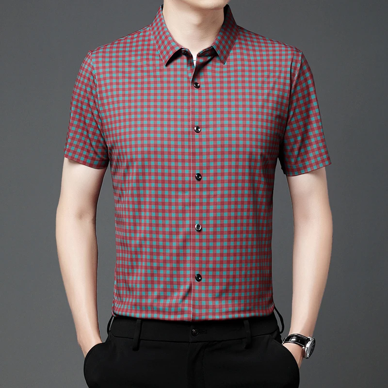 夏季全无痕格子短袖衬衫男士薄款中青年高档免烫抗皱商务休闲衬衣