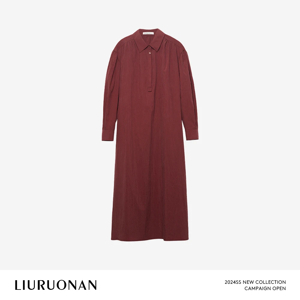 LIURUONAN 24SS 红色新中式天丝长袖连衣裙女春翻领薄款气质长裙