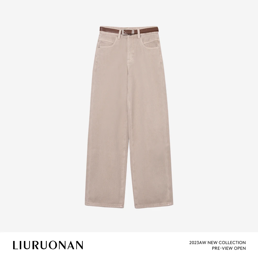 LIURUONAN 24AW 冬季加绒加厚直筒牛仔裤女宽松显瘦直腿裤/腰带+