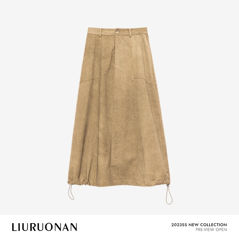 LIURUONAN 23SS 卡其色设计感中长款半身裙女棉显瘦半裙夏季新品