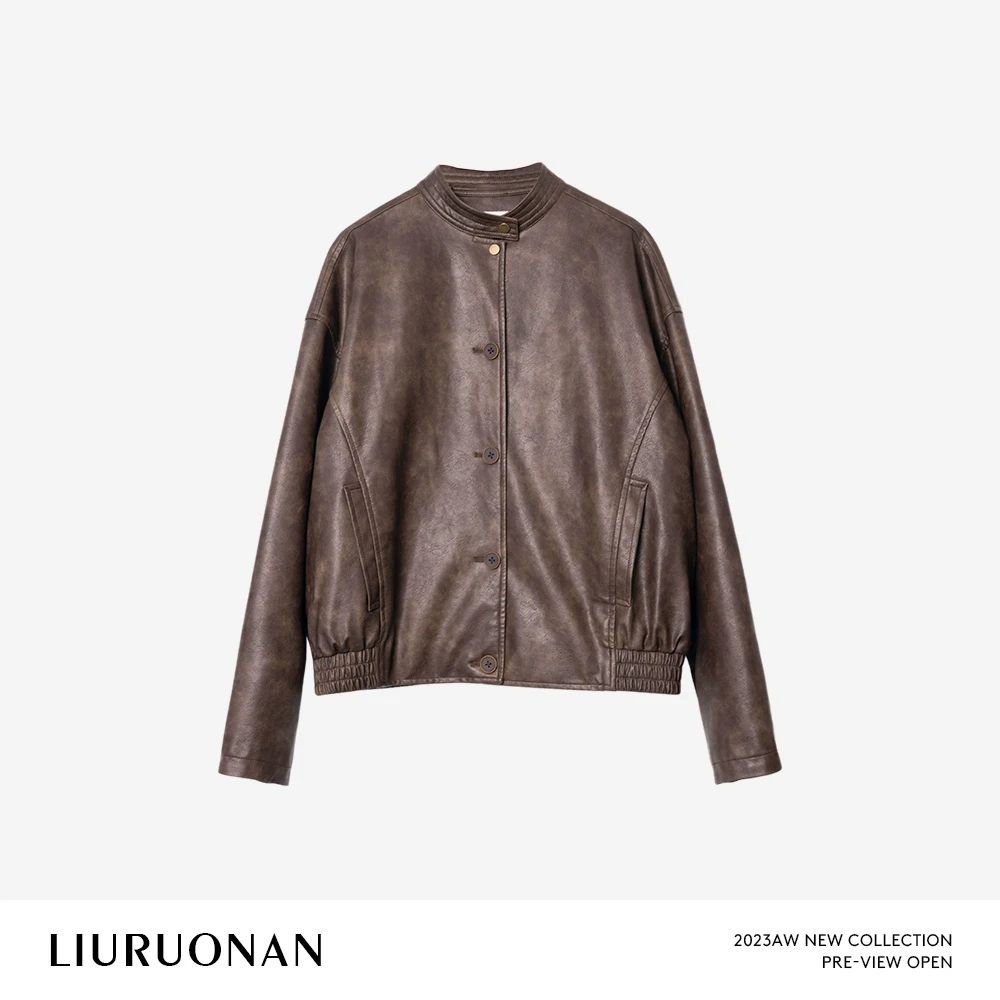 LIURUONAN 23AW 复古百搭皮衣外套女装新款长袖立领气质外搭上衣