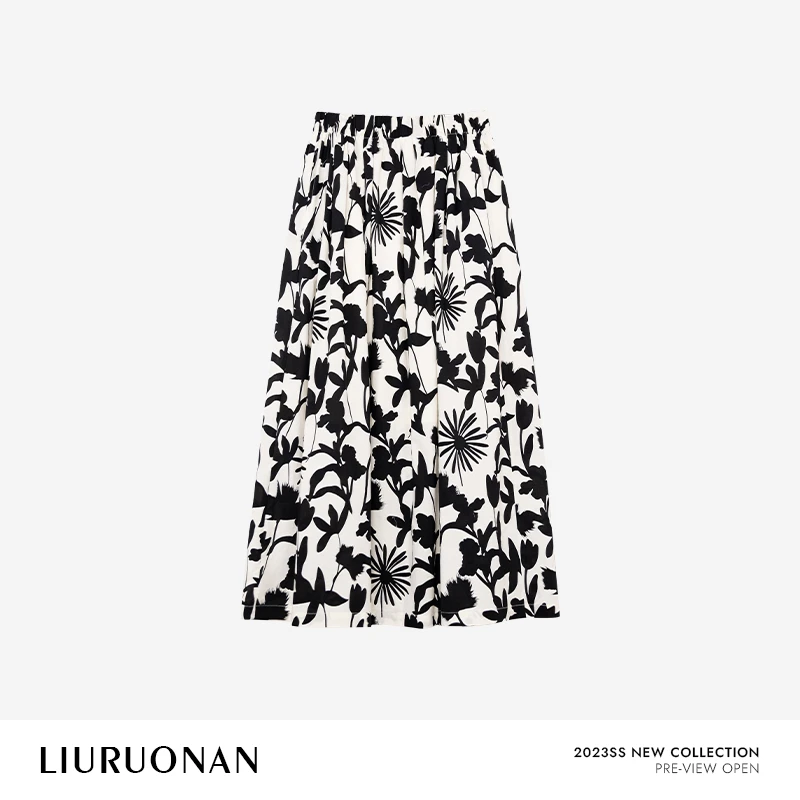 LIURUONAN 23SS 【水墨山茶】夏季新款设计感中长款碎花半身裙女