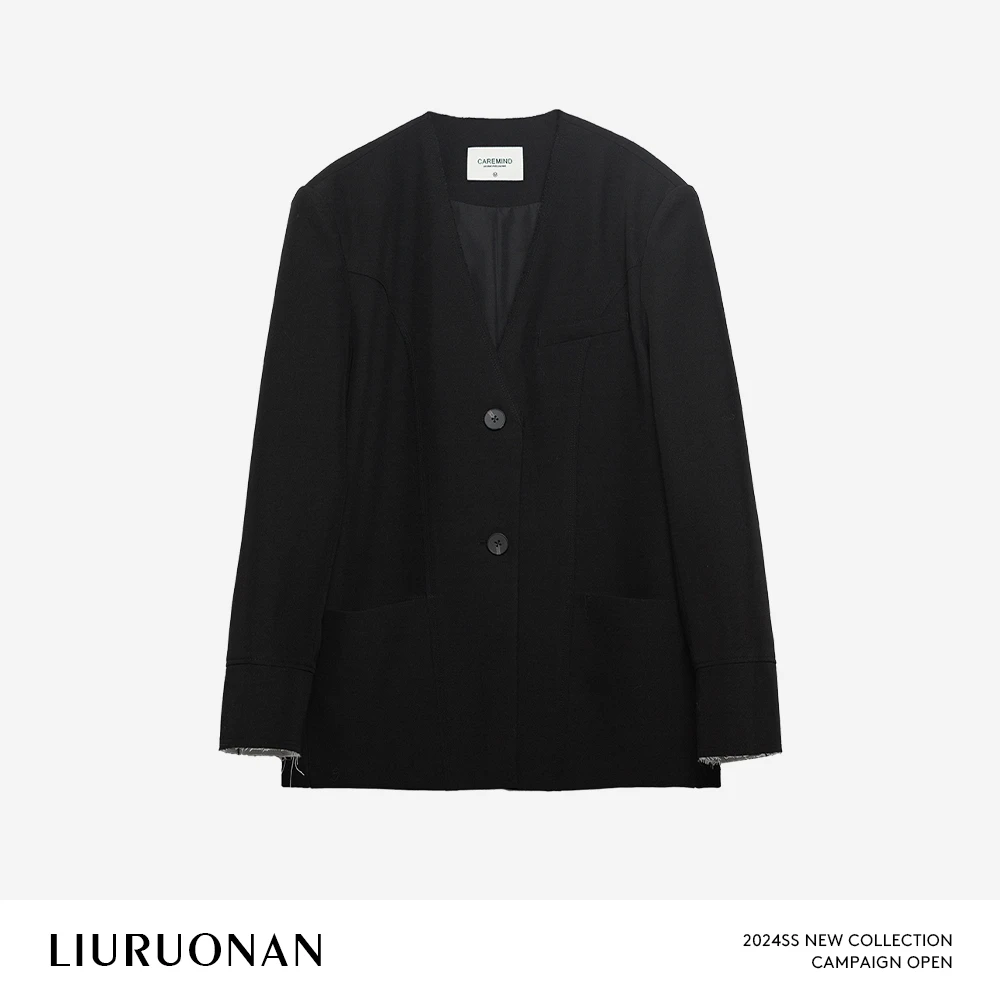 LIURUONAN 24SS 无领长袖V领西装外套黑色俩粒扣新款外搭女装