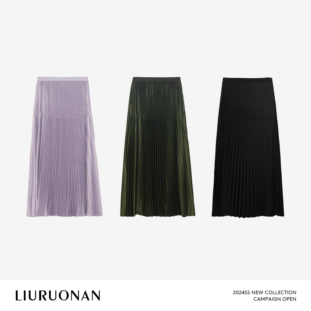 LIURUONAN 24SS 黑色百褶半身裙女百搭通勤压褶遮胯A字长裙