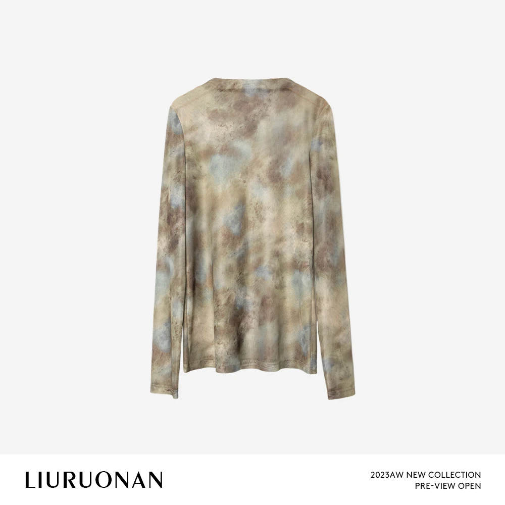 LIURUONAN 23AW 高级网纱圆领长袖T恤女秋季别致小众设计感上衣