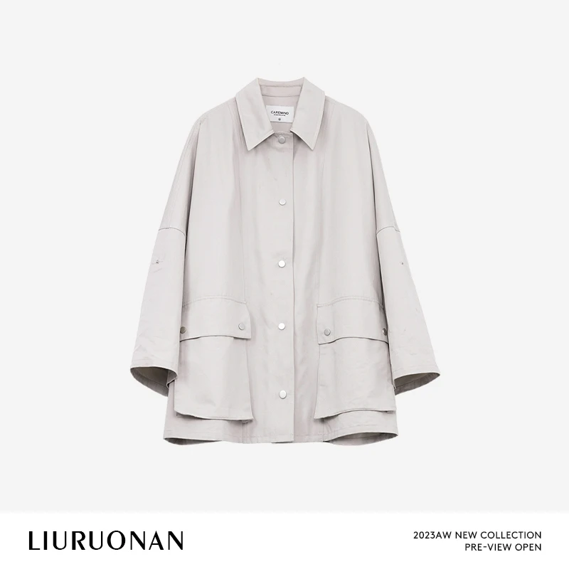 LIURUONAN 23AW 大口袋长袖短款风衣外套宽松薄款秋季棉质上衣女