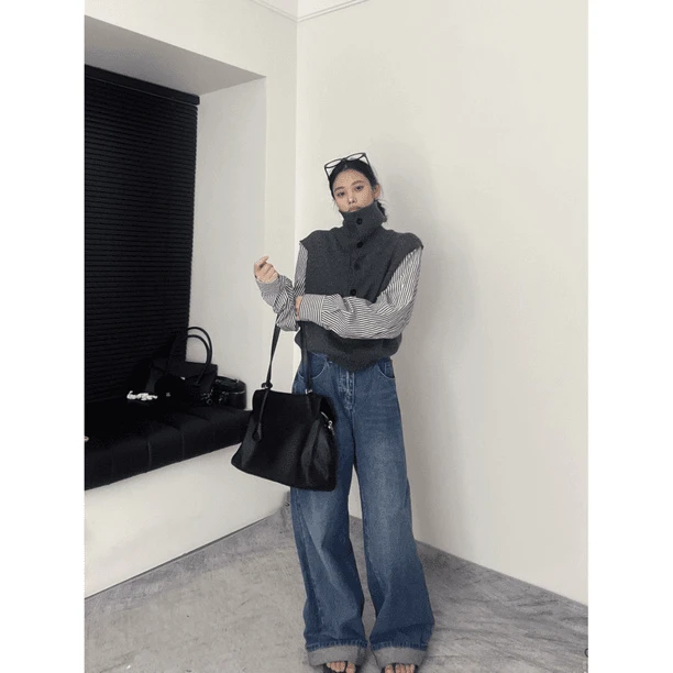 时尚洋气宽松百搭设计感假两件毛衣长袖牛仔蓝色针织短款直筒复古