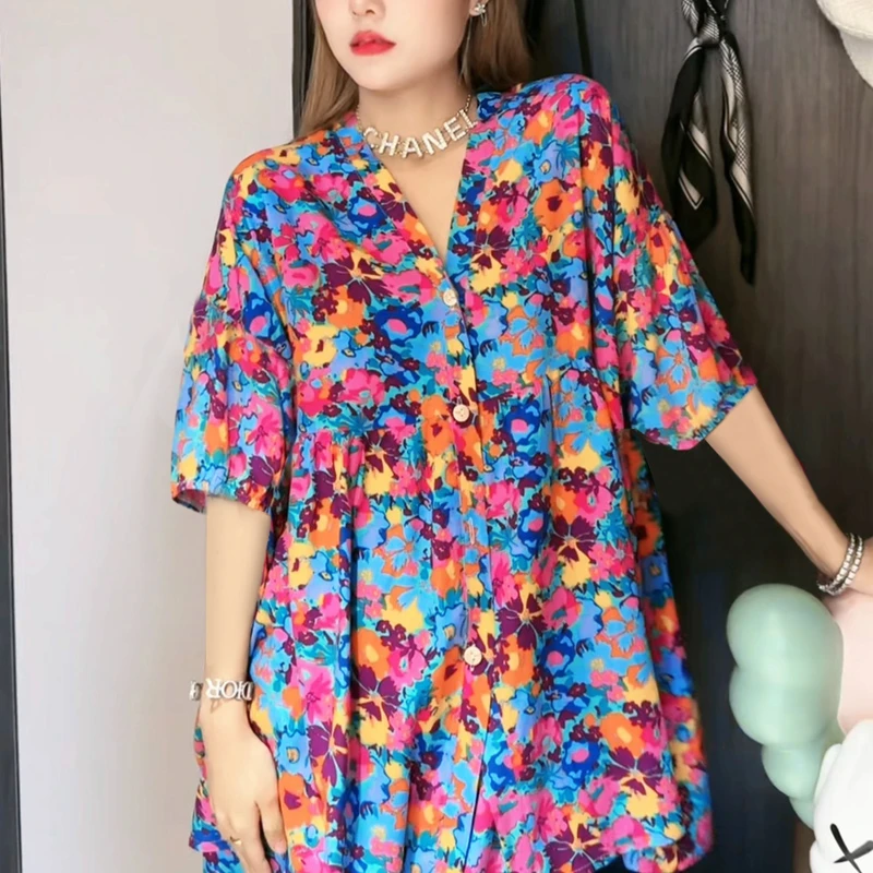 蓝底碎花新款流行夏季时尚大码开衫灯笼袖套装女士休闲宽松家居服