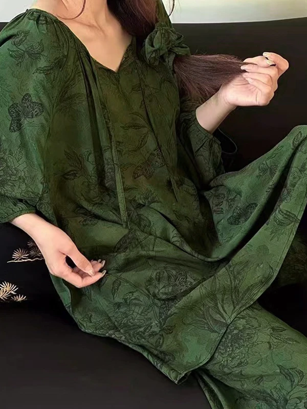 2025(带口袋版)棉绸套头睡衣女套装睡衣慵懒风空调服国风版家居服