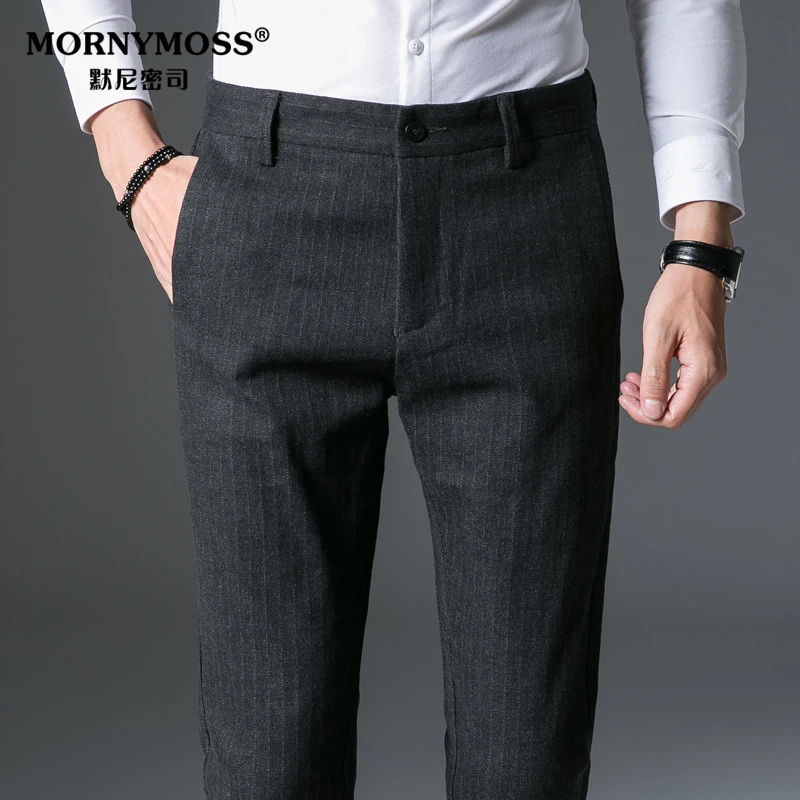 商务休闲裤男士2025秋冬季新款竖条纹毛呢裤子商务磨毛通勤直筒裤