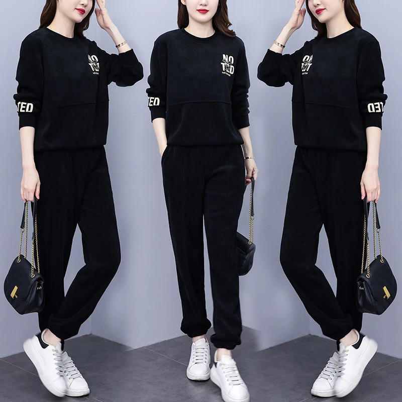 大码套装2023秋季新款宽松时尚圆领洋气显瘦休闲减龄卫衣两件套