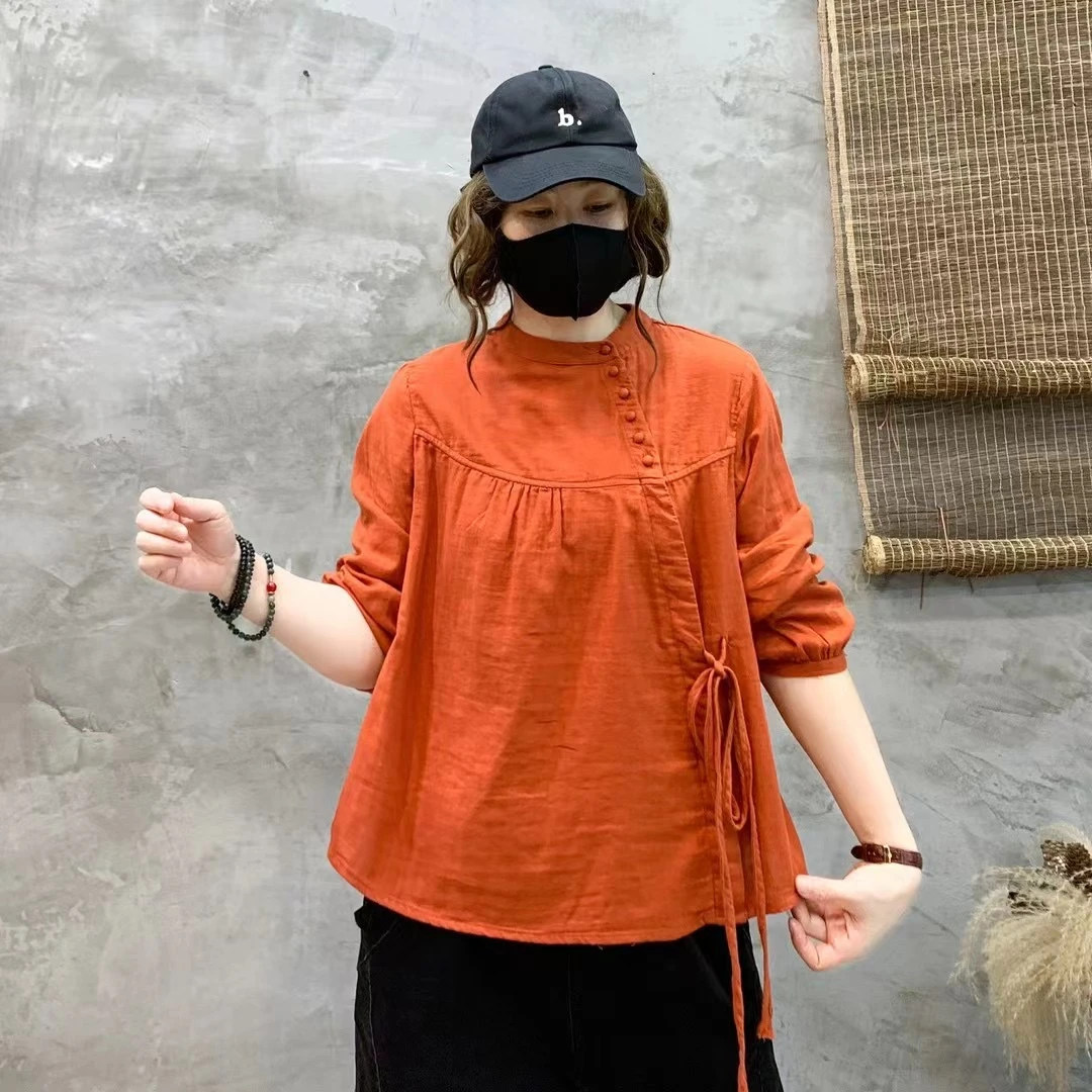 ZX058新款文艺韩版系带长袖小衫休闲复古纯色圆领百搭女士上衣