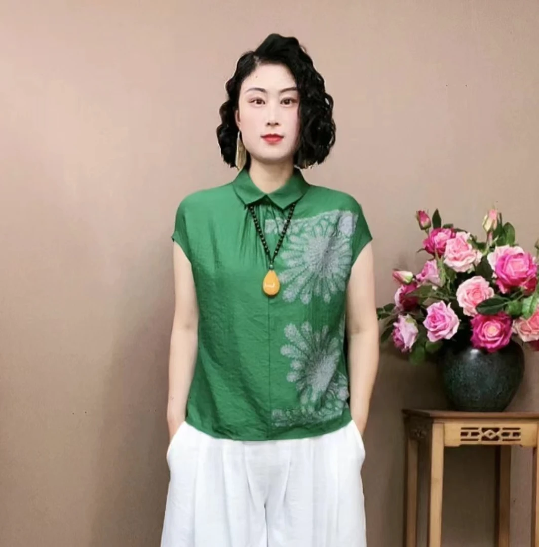 夏季新款时尚洋气休闲百搭印染翻领宽松显瘦短袖polo女士上衣