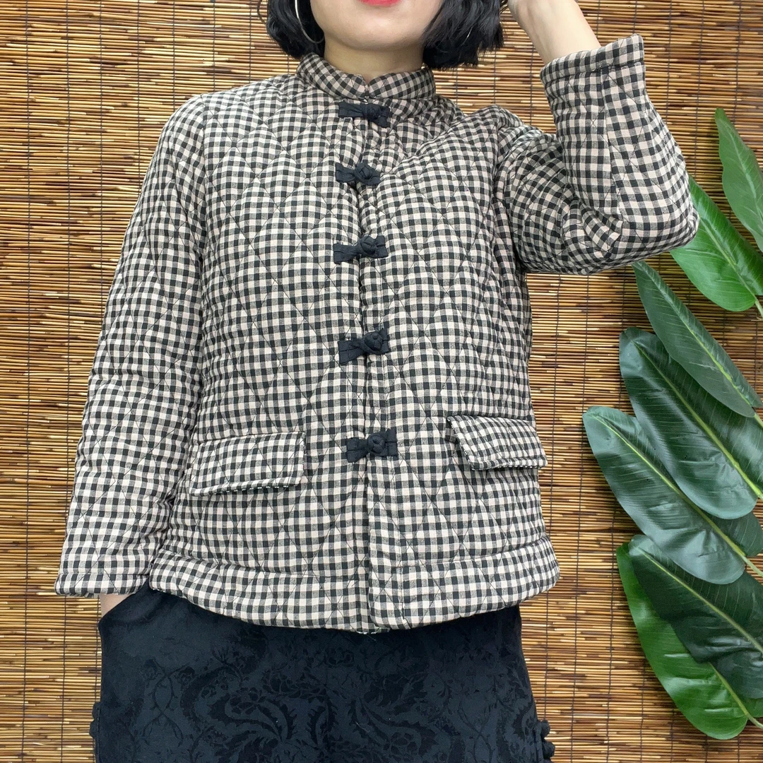 2023新款秋冬棉衣复古盘扣格子棉衣休闲立领女士外套