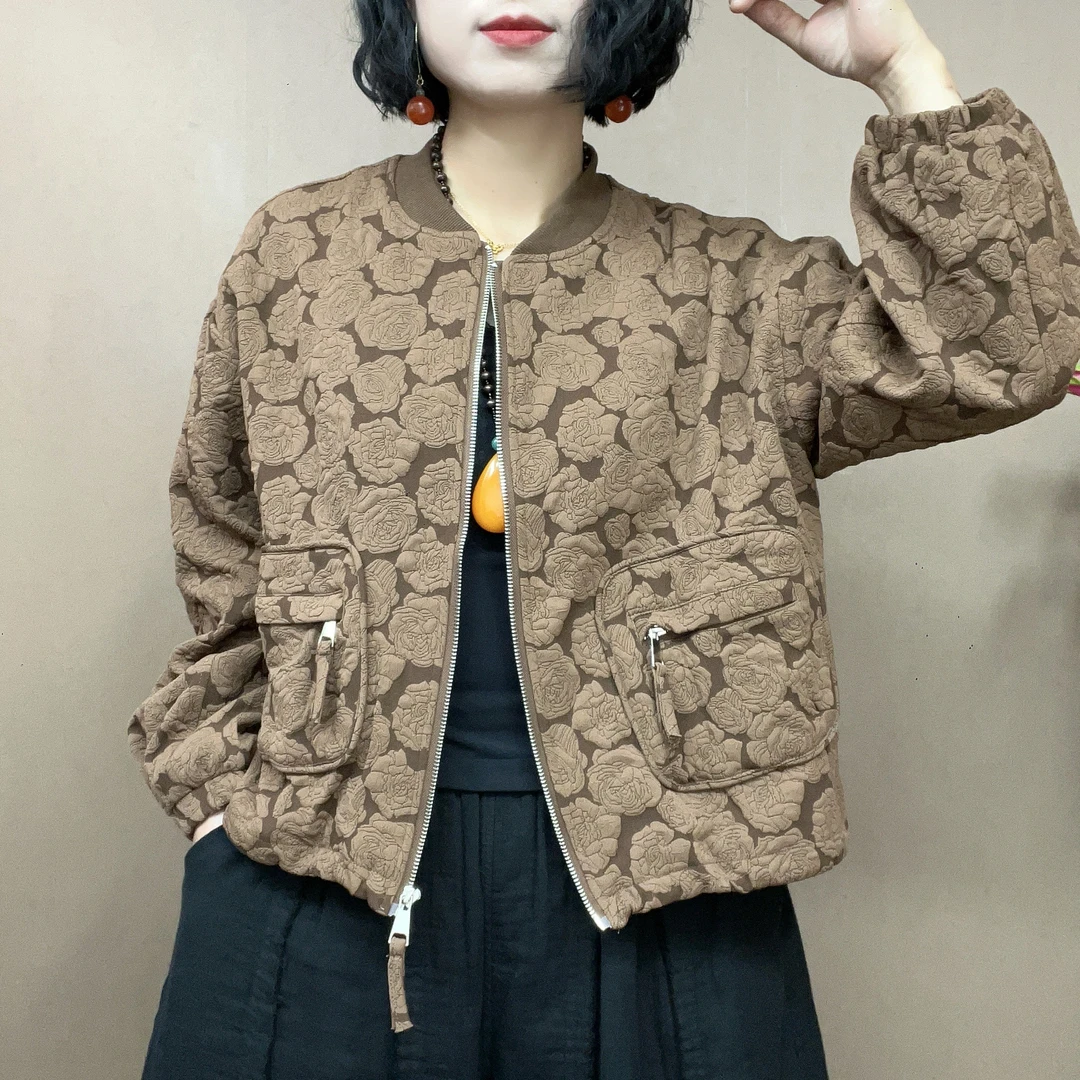 ZX037秋款上新休闲提花宽松短款外套复古洋气百搭长袖拉链开衫