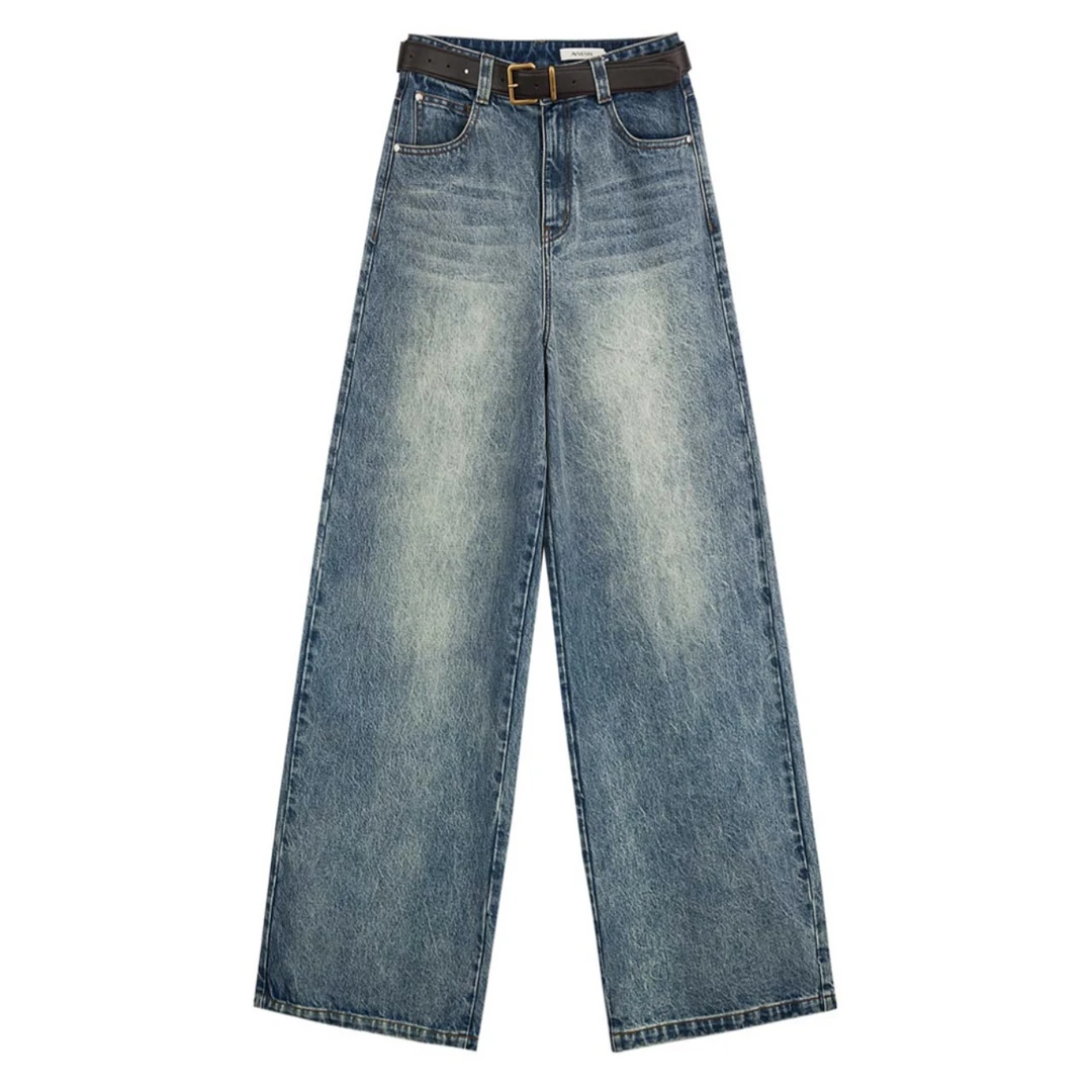 AVVENN2024秋季新品百搭经典宽松水洗蓝牛仔长裤1390UPY买手店