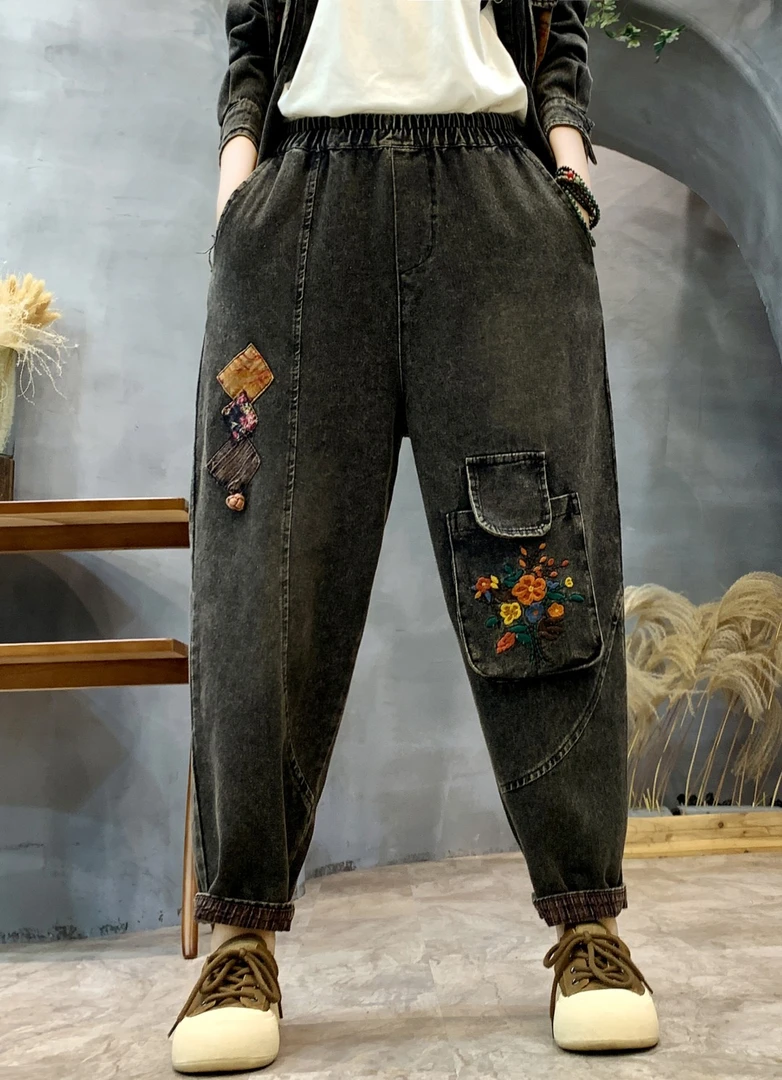3185早春新款2024款经典百搭砂洗暖牛仔裤绣花复古宽松拼接显瘦
