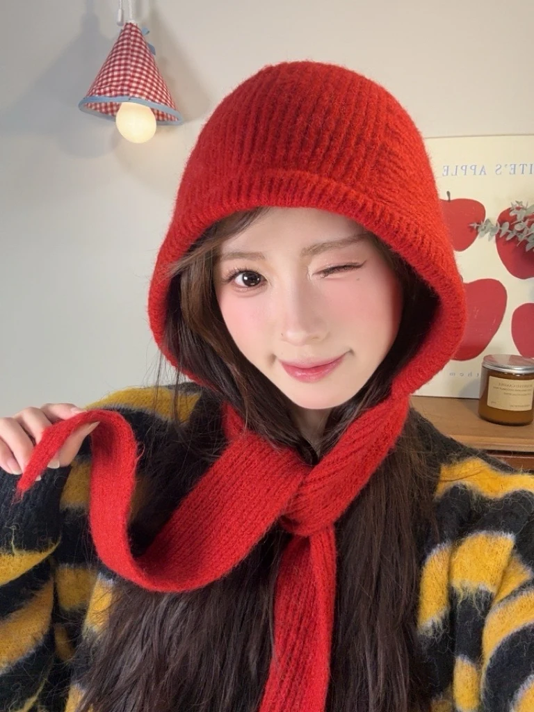 韩系ins针织毛线帽子围巾一体保暖护耳帽秋冬季围脖