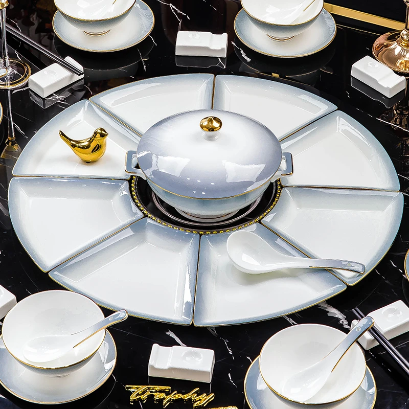 轻奢盘子菜盘家用团圆拼盘餐具套装扇形盘骨瓷碗碟套装2025新款