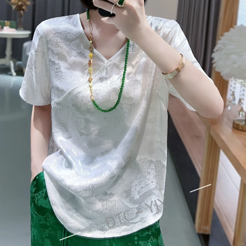 《依家推荐》夏季新款高端气质新国风翠松祥云提花V领短袖上衣薄款
