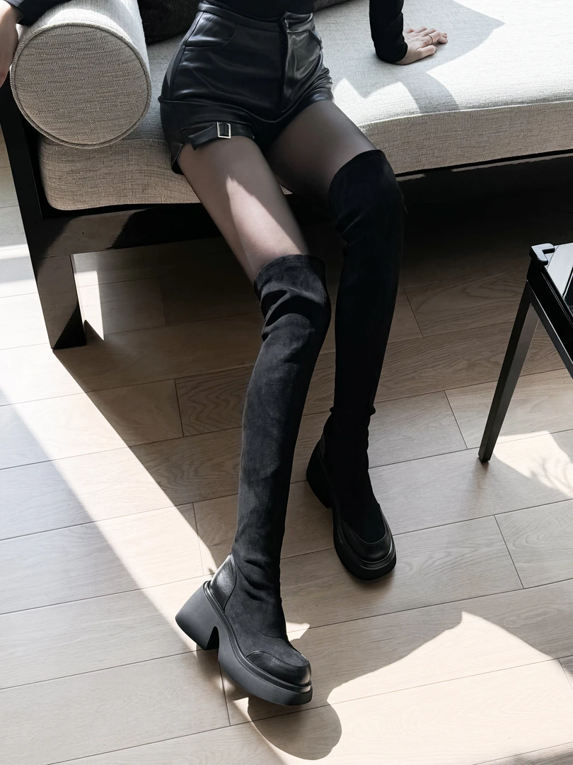 【冬季刚需】黑色过膝靴厚底气质百搭显瘦磨砂绒面过膝靴XZ-G0153