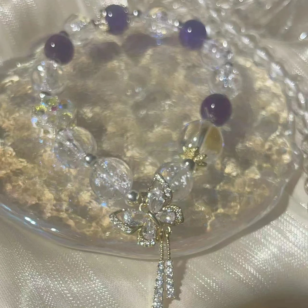 【紫色浪漫】天然紫水晶+白阿塞水晶手链016