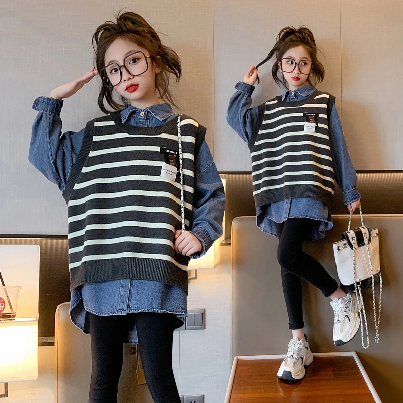 女童秋装牛仔衬衫马甲套装春秋季新款童装洋气女大童秋季时髦上衣