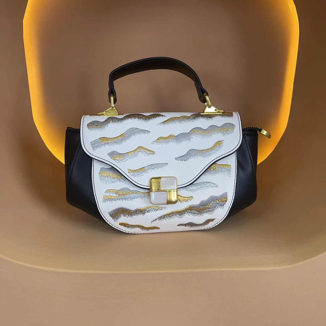 黑白拼色国风高级质感单肩女包 9037黑