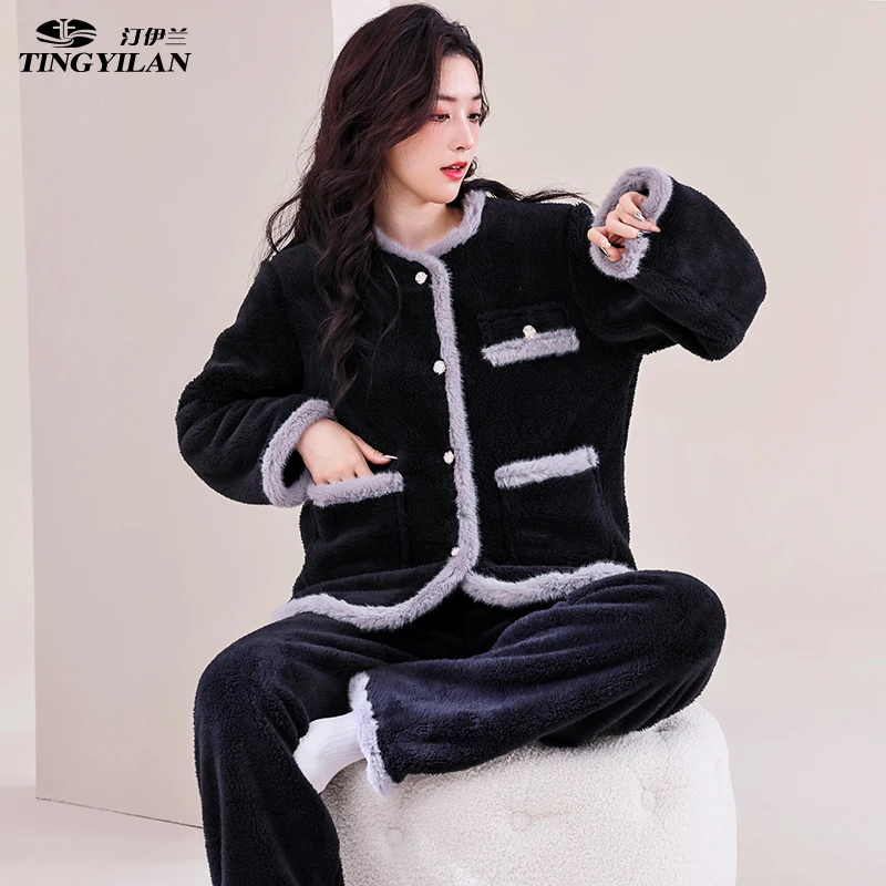 洋气睡衣女秋冬妈妈加厚加绒套装老年人开襟爆款家居服冬季外出