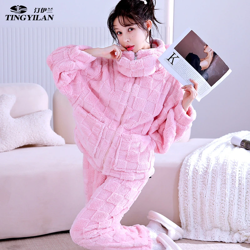 睡衣女士珊瑚绒可外穿加绒冬款家居服秋冬加厚套装长袖冬天